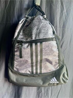 Adidas Sackpack Gym Drawstring Bag Gray Black 3-Stripes Mesh Pockets Zip Pocket